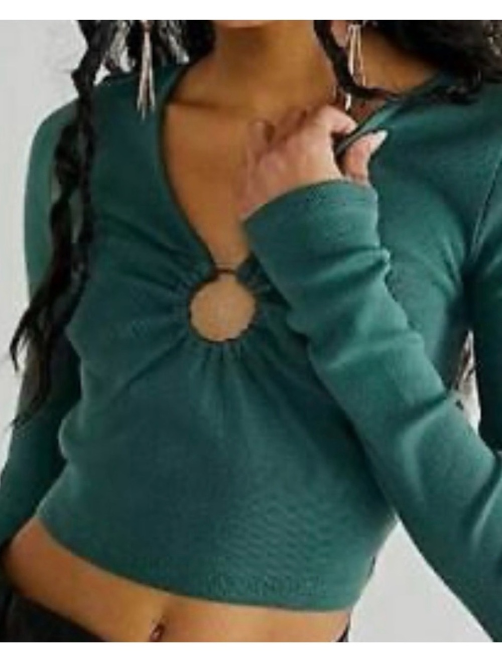 Free People Key To My Heart Crop Top Boho Metal Ring Green Ribbed size Medium